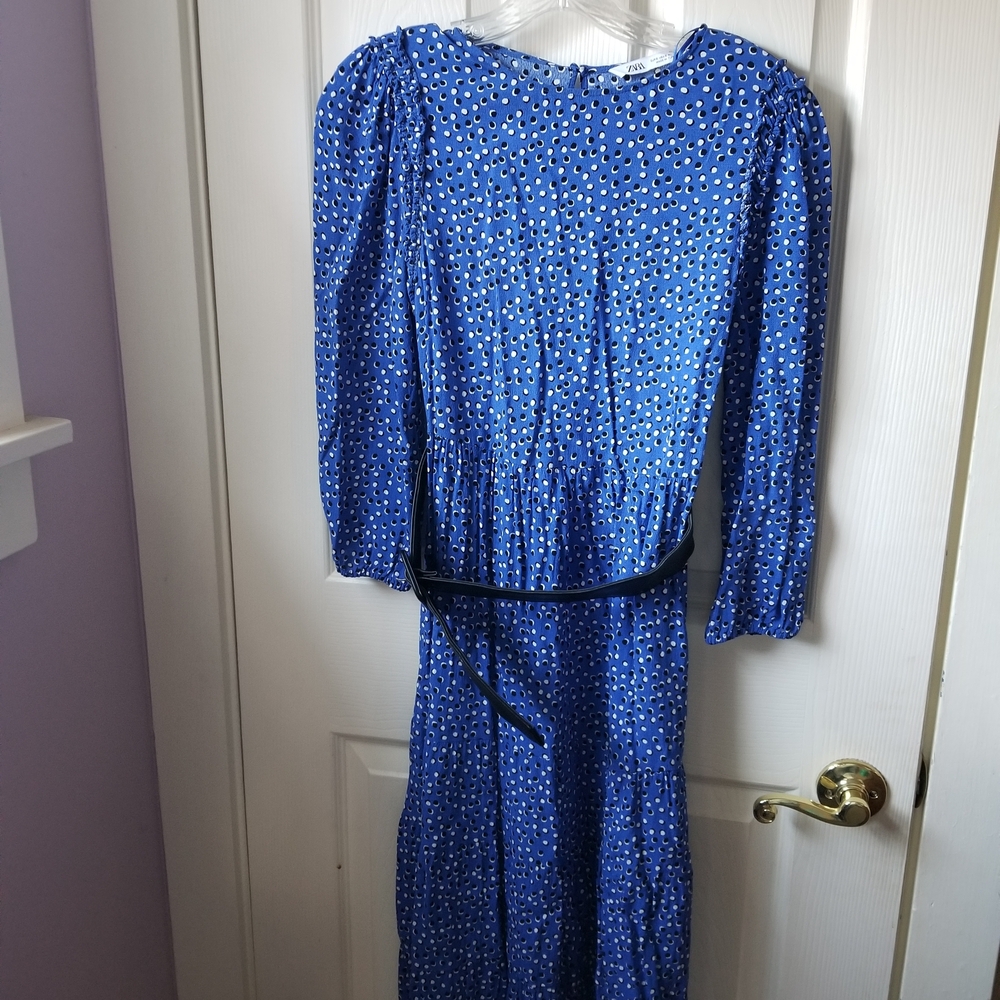 Zara Royal Blue Polka-Dot Puff Sleeve Midi Dress